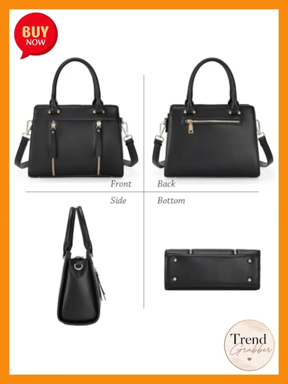 Faux Leather Satchel Tote Handbag with Top Handle and Crossbody Strap